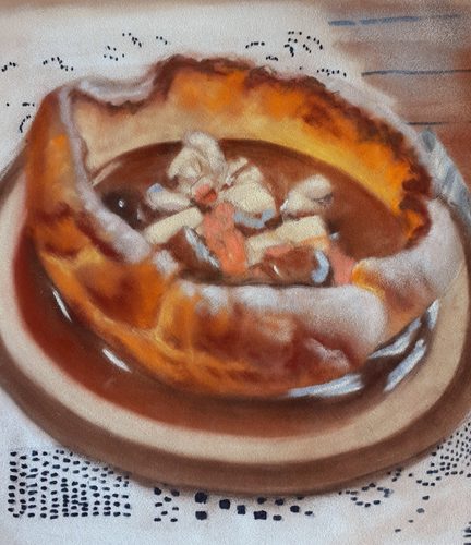 Irving, Sunday lunch, Yorkshire pudding and corned beef hash, pastels.